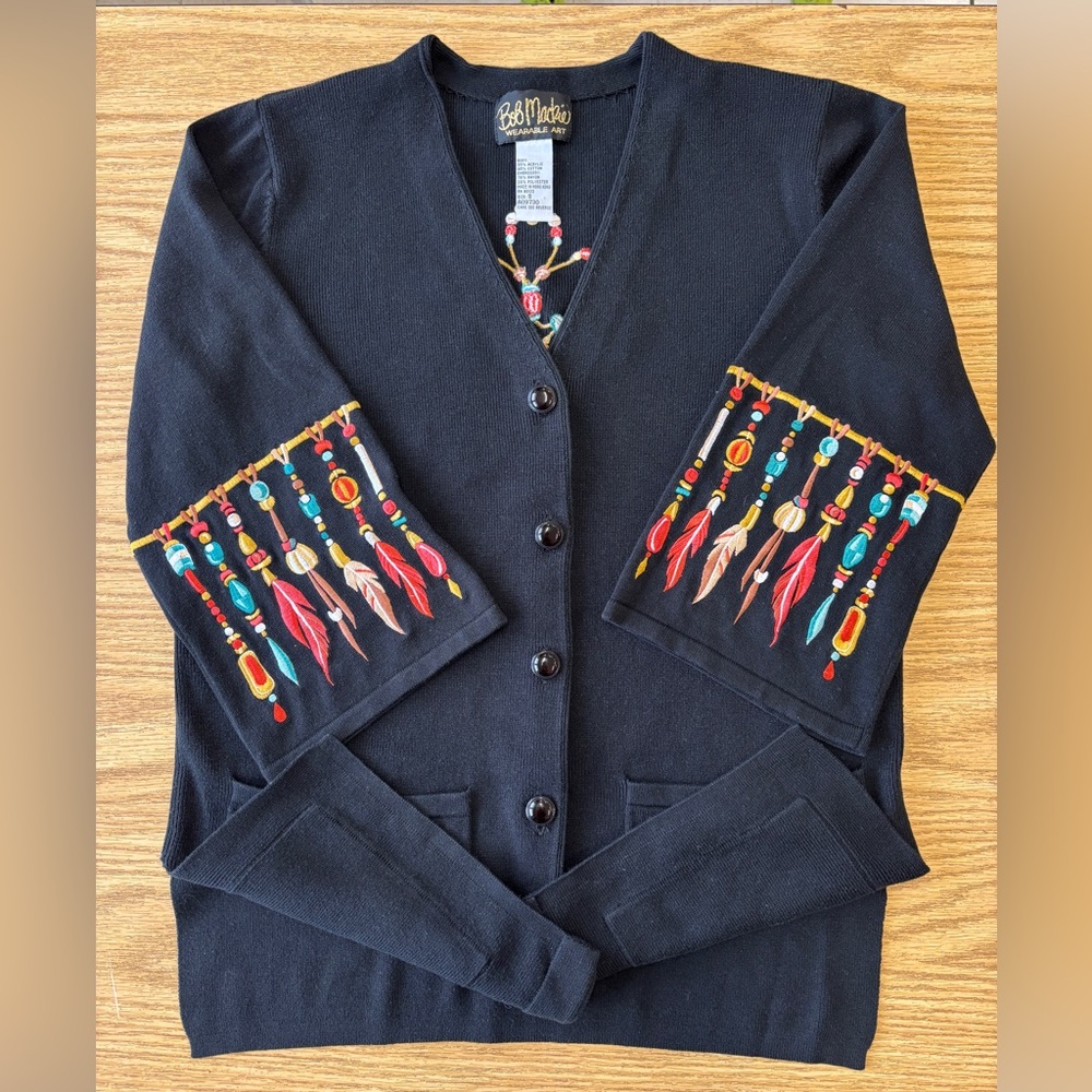 BOB MACKIE WEARABLE ART Embroidered Vintage Cardigan Sweater Native American 90s